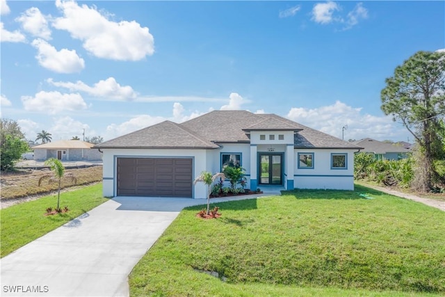 view of front of home featuring a garage, a shingled roof, concrete driveway, a front yard, and stucco siding