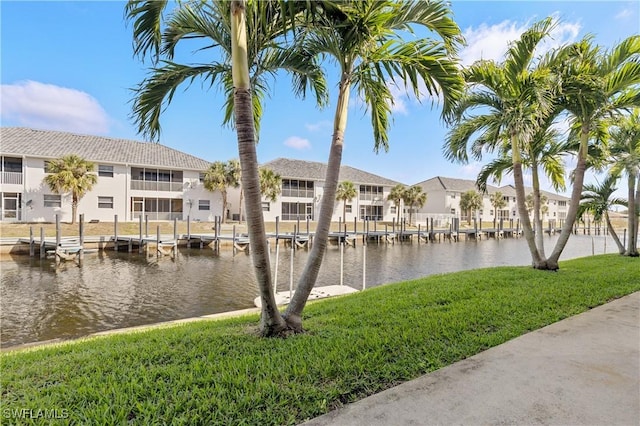 water view with a residential view and a dock