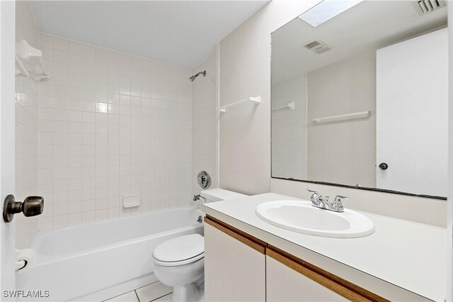 bathroom featuring toilet, shower / bath combination, visible vents, vanity, and tile patterned floors