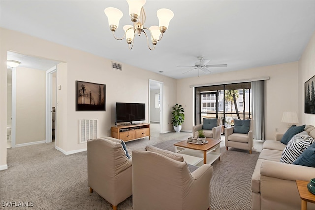 719 SW 47th Ter Unit 101, Cape Coral, FL 33914 - living room with a chandelier, baseboards, carpet flooring, and ceiling fan