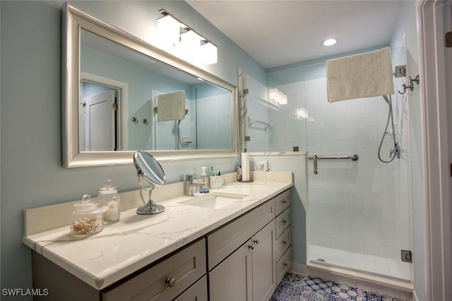 full bathroom with a shower stall and vanity