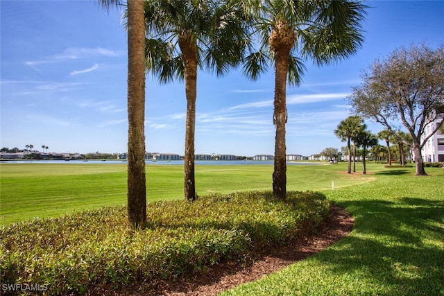 view of community with a lawn and a water view