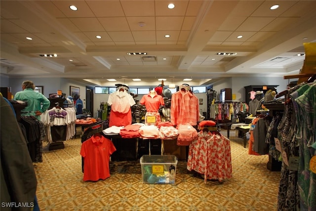 miscellaneous room featuring recessed lighting, coffered ceiling, beamed ceiling, and carpet flooring