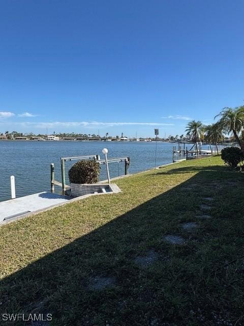 view of yard with a water view and a boat dock