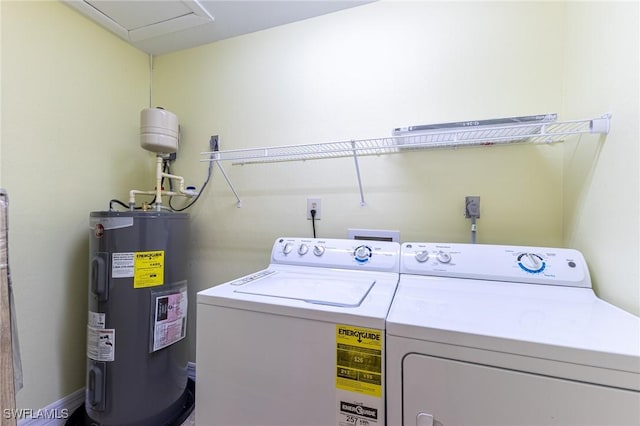 laundry area with washing machine and dryer, laundry area, and electric water heater