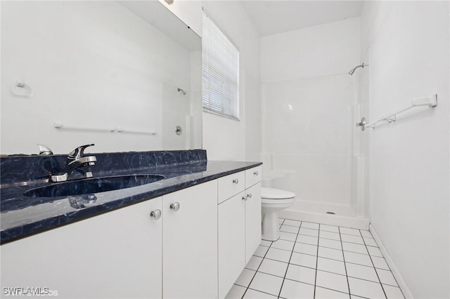full bathroom featuring vanity, walk in shower, toilet, and tile patterned flooring