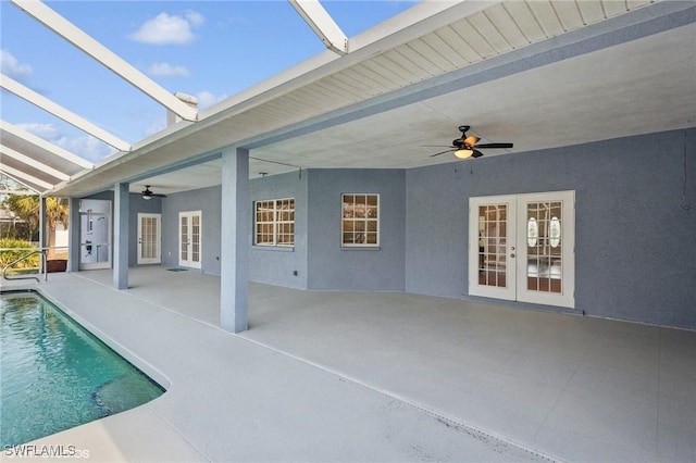 exterior space with a patio, ceiling fan, and french doors