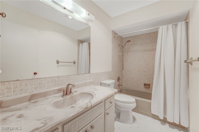 full bathroom featuring toilet, shower / tub combo, tile walls, and vanity