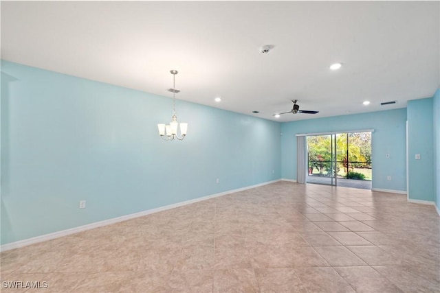 empty room featuring baseboards, visible vents, light tile patterned flooring, ceiling fan with notable chandelier, and recessed lighting