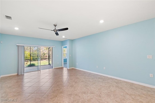 unfurnished room with ceiling fan, recessed lighting, and baseboards