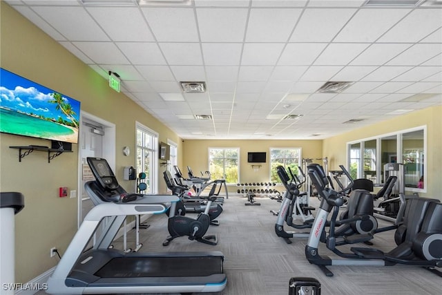 exercise room featuring carpet, visible vents, and a drop ceiling