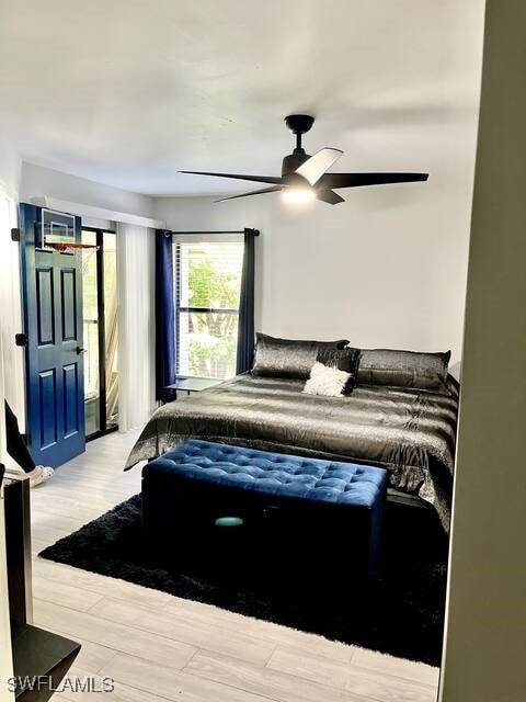 bedroom with ceiling fan and wood finished floors