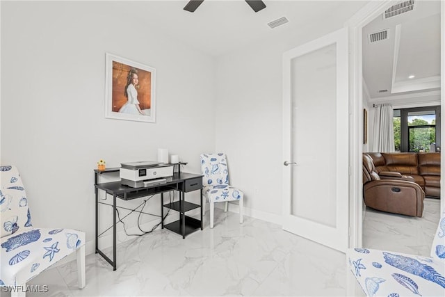 home office featuring marble finish floor and visible vents