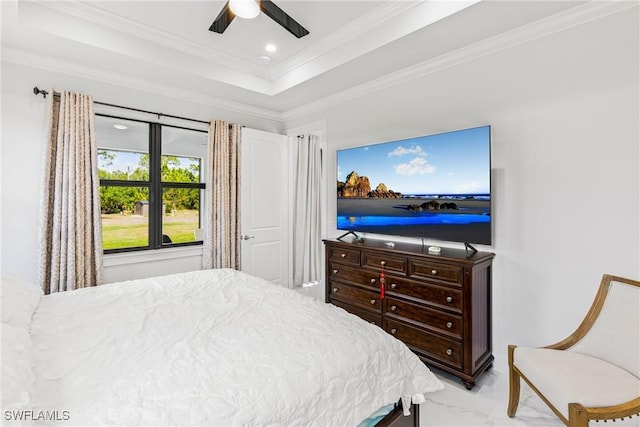 bedroom with recessed lighting, a ceiling fan, marble finish floor, ornamental molding, and a raised ceiling