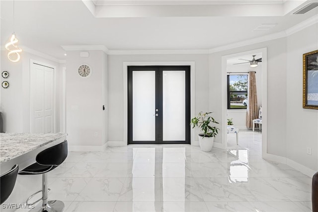 entryway featuring french doors, marble finish floor, visible vents, ornamental molding, and baseboards