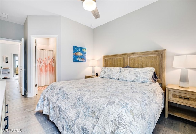 bedroom featuring ceiling fan and wood finished floors