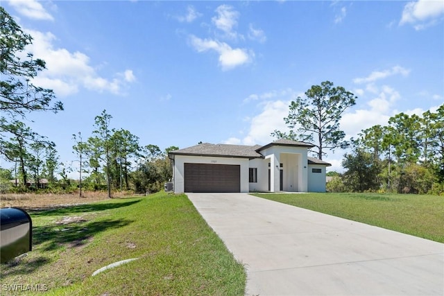 view of front of home with a garage, a front lawn, driveway, and stucco siding