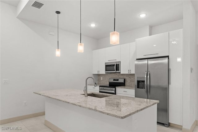 kitchen with visible vents, a sink, white cabinetry, stainless steel appliances, and decorative backsplash