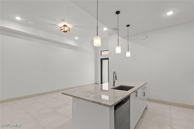 kitchen with visible vents, a center island with sink, a sink, white cabinets, and dishwasher