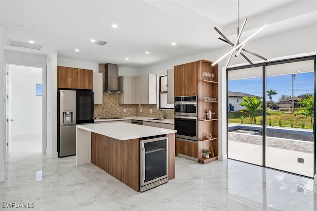 kitchen featuring wine cooler, wall chimney range hood, appliances with stainless steel finishes, open shelves, and modern cabinets