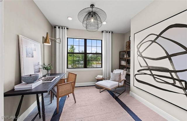 office featuring a chandelier, recessed lighting, wood finished floors, and baseboards