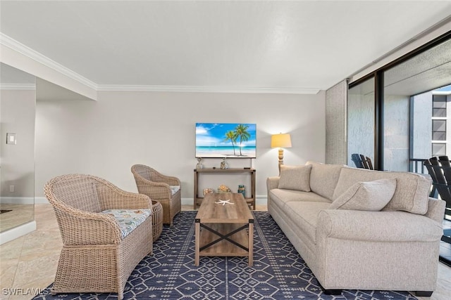 living area with baseboards and crown molding