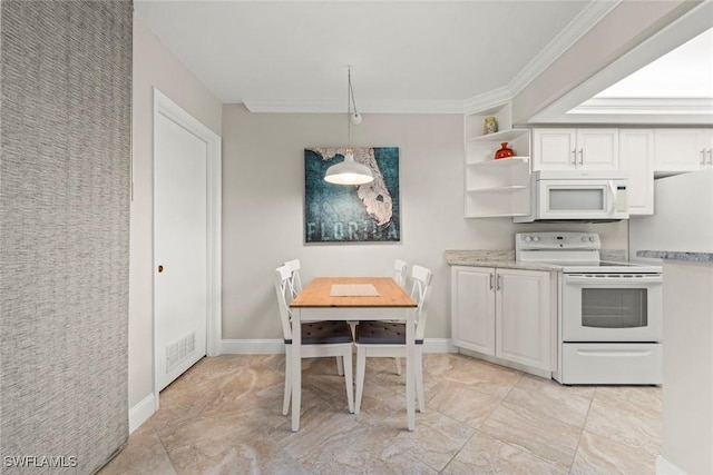 kitchen featuring visible vents, open shelves, decorative light fixtures, white appliances, and white cabinets