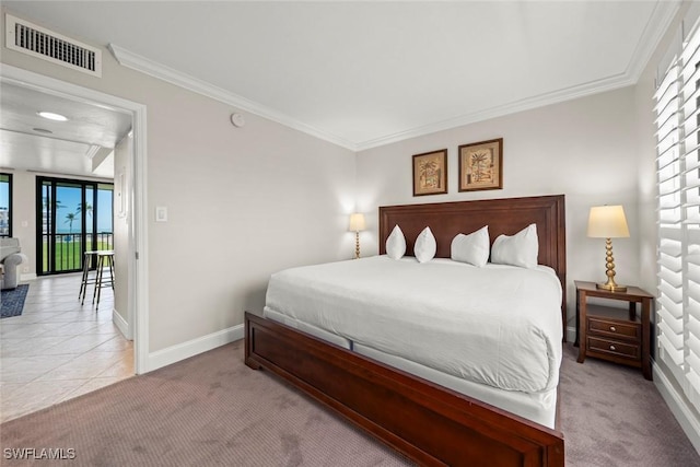 bedroom with ornamental molding, baseboards, visible vents, and light carpet