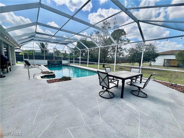 pool with a patio, a lawn, a grill, and glass enclosure