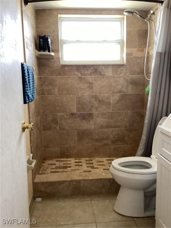 full bathroom with tile patterned flooring, a healthy amount of sunlight, a shower stall, and toilet