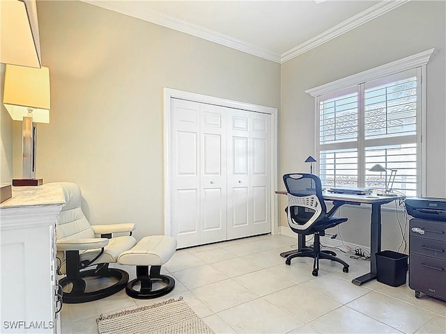 office area featuring light tile patterned flooring and ornamental molding