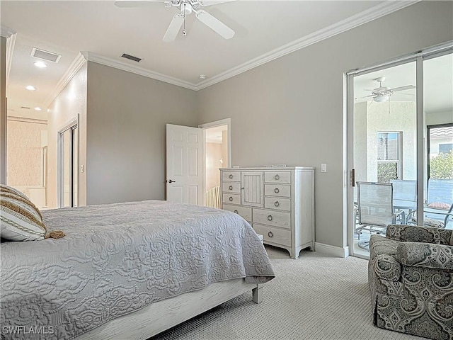 bedroom featuring baseboards, visible vents, access to exterior, crown molding, and light colored carpet