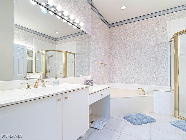 full bathroom with tile patterned floors, a garden tub, a stall shower, wallpapered walls, and vanity