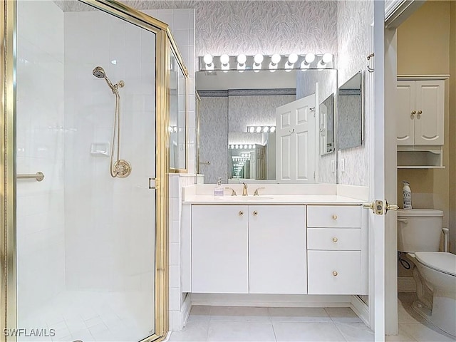 full bath with vanity, wallpapered walls, tile patterned flooring, a shower stall, and toilet