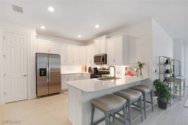 kitchen featuring stainless steel appliances, visible vents, white cabinets, a sink, and a peninsula