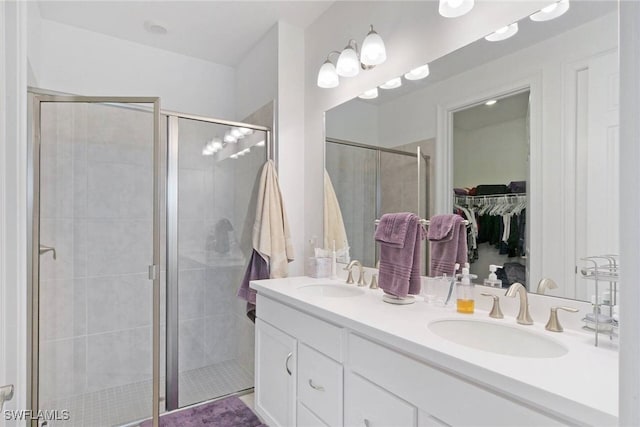 bathroom with double vanity, a stall shower, a spacious closet, and a sink