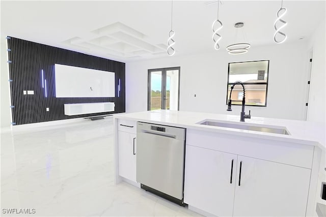 kitchen featuring marble finish floor, french doors, a sink, coffered ceiling, and dishwasher