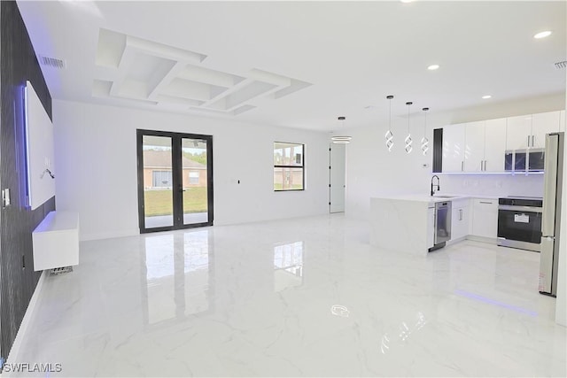 living room featuring marble finish floor, french doors, visible vents, and recessed lighting