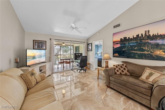 living room with lofted ceiling, marble finish floor, visible vents, and ceiling fan