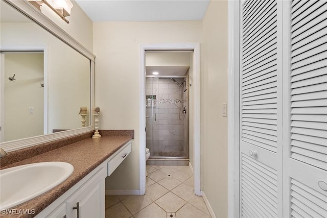 full bath featuring toilet, tile patterned flooring, vanity, a shower stall, and a closet