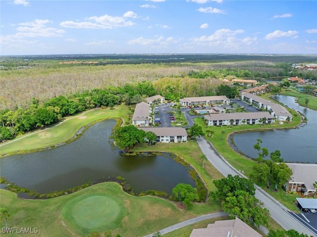 drone / aerial view featuring a water view and golf course view