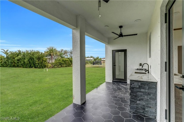 view of patio with ceiling fan and a sink