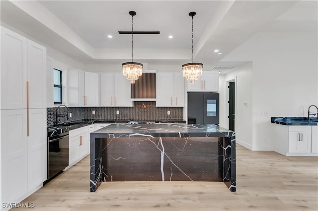 kitchen featuring a tray ceiling, white cabinetry, dishwasher, and smart refrigerator