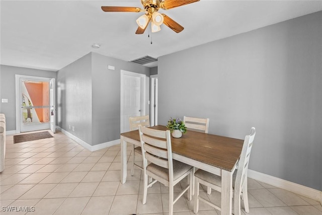 dining area featuring light tile patterned floors, visible vents, baseboards, and ceiling fan