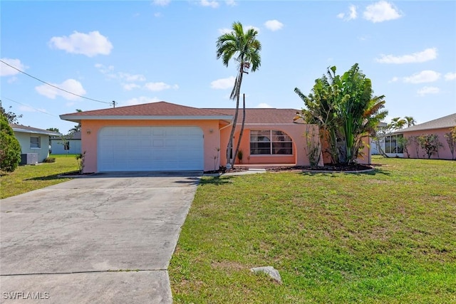 ranch-style home with a front lawn, an attached garage, driveway, and stucco siding