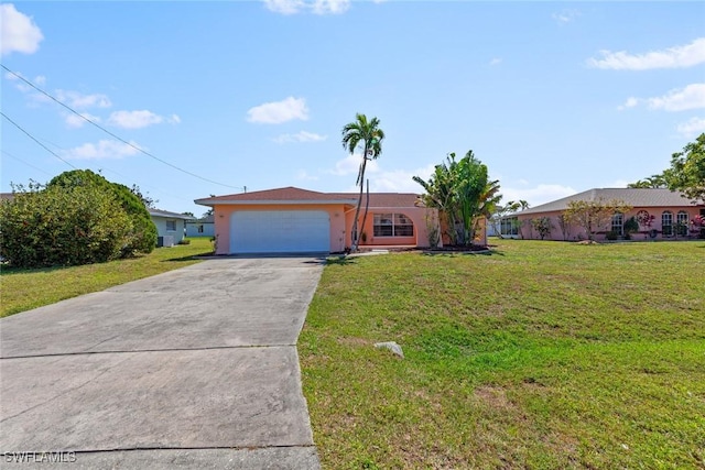 ranch-style house featuring a front yard, an attached garage, concrete driveway, and stucco siding