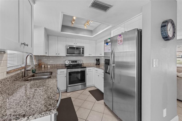 kitchen featuring visible vents, a tray ceiling, a sink, appliances with stainless steel finishes, and tasteful backsplash