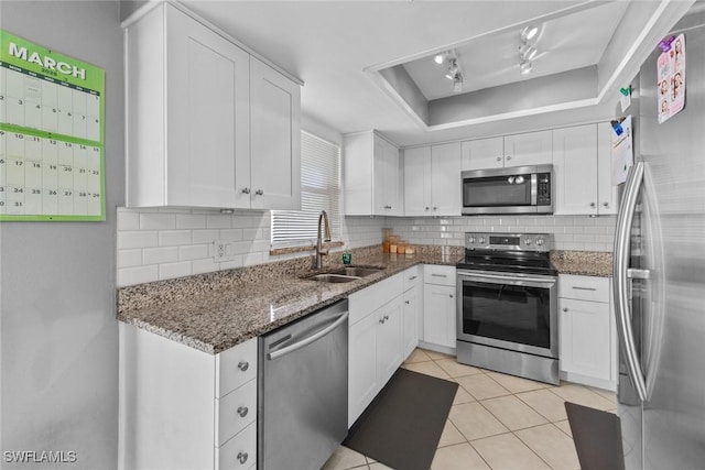 kitchen featuring a sink, a raised ceiling, white cabinets, and stainless steel appliances