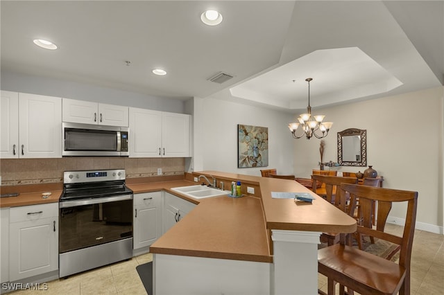 kitchen featuring stainless steel appliances, decorative backsplash, white cabinetry, a sink, and a peninsula