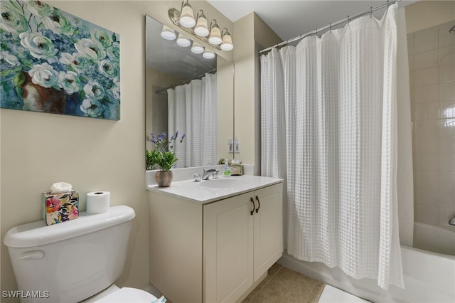 bathroom with shower / tub combo with curtain, vanity, toilet, and tile patterned floors